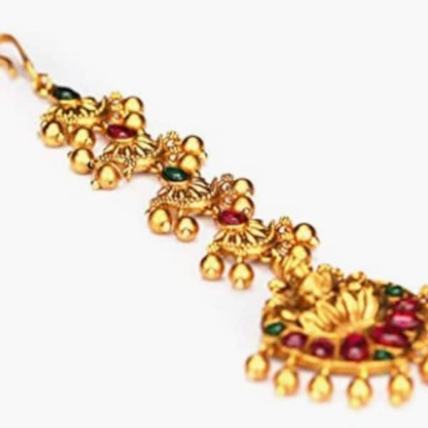 Ruby Emerald Gold Plated Temple Maang Tikka