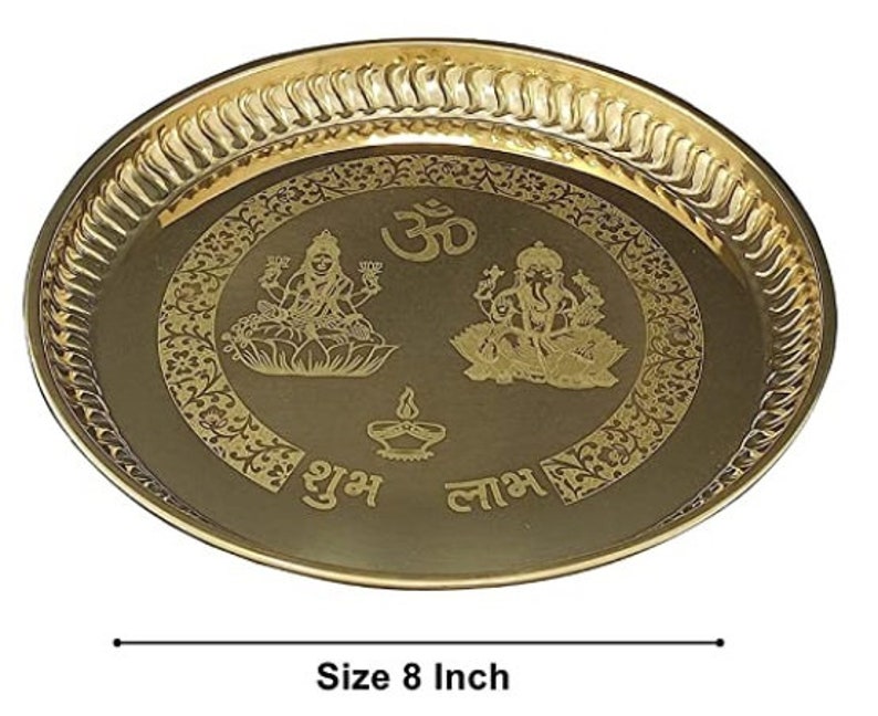 BENGALEN Brass Puja Thali Set With Blue Gift Box 8 Inch Pital Pooja Plate Dhup Dan Kalash Spoon Ghanti Bowl Kuber Diya Kangura Plate For Diwali Home Mandir Office Wedding Return Gifts