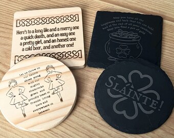 Irish Toasts Coaster Set: Laser Engraved Wood & Slate Drinkware | Bar Decor