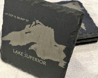 Custom Lake Coasters: Laser Engraved Wood & Slate Home/Drink Decor