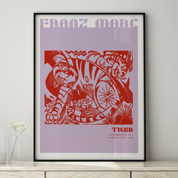Poster Tiger Franz Marc Expressionism Gallery Exhibition Digital Download Museum Print Typography Aestethic Wall Art, pop art lilac purple