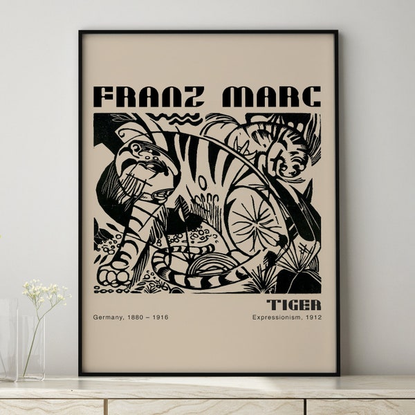 Poster Tiger, Franz Marc, expressionnisme, galerie, affiche d'exposition, téléchargement numérique, impression de musée, typographie, art mural esthétique,