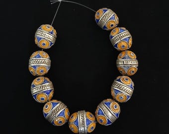 10 Beautiful silver berber beads with enamel from southern Morocco. Silver beads.