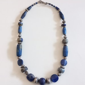 Real old Lapis lazuli necklace with silver beads from india. Antique jewelry