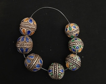 7 Beautiful antique silver berber beads with enamel from southern Morocco. Silver beads