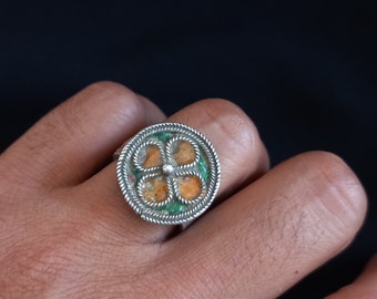 Bague Ancienne En Argent Massif Berbère - Traditionnelle, émaillée, Occasion