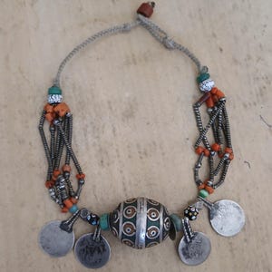 Rare antique silver berber necklace with natural real coral from southern morocco. Antique berber jewelry