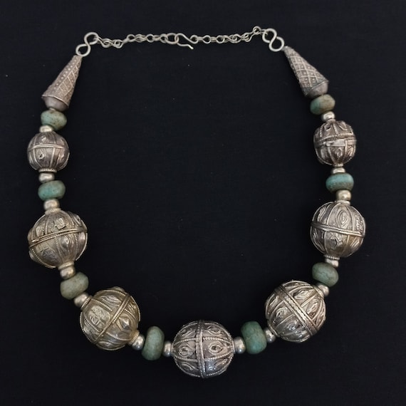 Antique silver beaded necklace with amazonite. Ancient silver jewelry