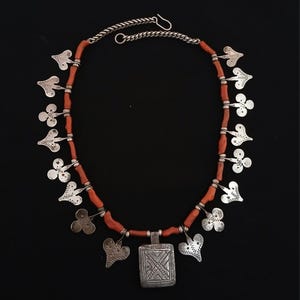 antique silver berber necklace with coral from southern morocco. ancient berber jewelry