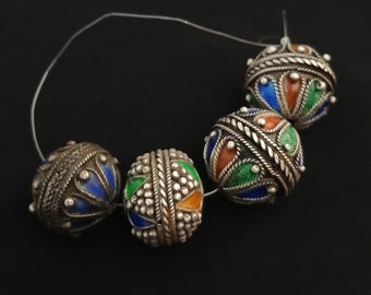 4 Beautiful antique silver berber beads with enamel from southern Morocco. Silver beads