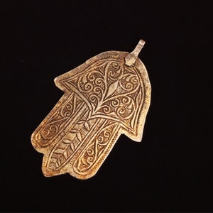 Very old Berber silver pendant (khamsa). crippled with gold. and hand engraving and old stamp. From MOROCCO. Antique berber jewelry
