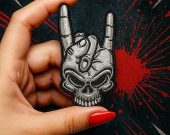 Embroidered Skull and Hand Patch (4x7.5 cm) | Metal Iron-on Patch for Rockabilly and Punk Style | Iron-on Skull and Hand - Decorative Textile Reinforcement