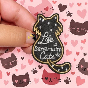 Patch Chat Noir Brodé "Life is Better with Cats" | Écusson Thermocollant NÉON Silouhette Mignon & Tendance | Renfort DIY