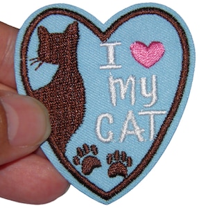Patch Cœur bleu "J'aime mon Chat" Renfort Écusson brodé thermocollant