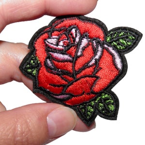 Red rose bud patch Embroidered iron-on patch Reinforcement