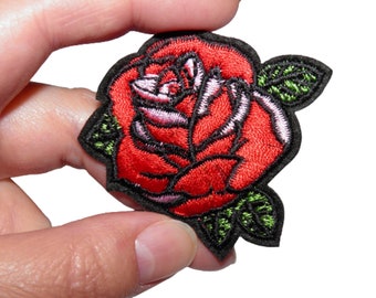 Red rose bud patch Embroidered iron-on patch Reinforcement