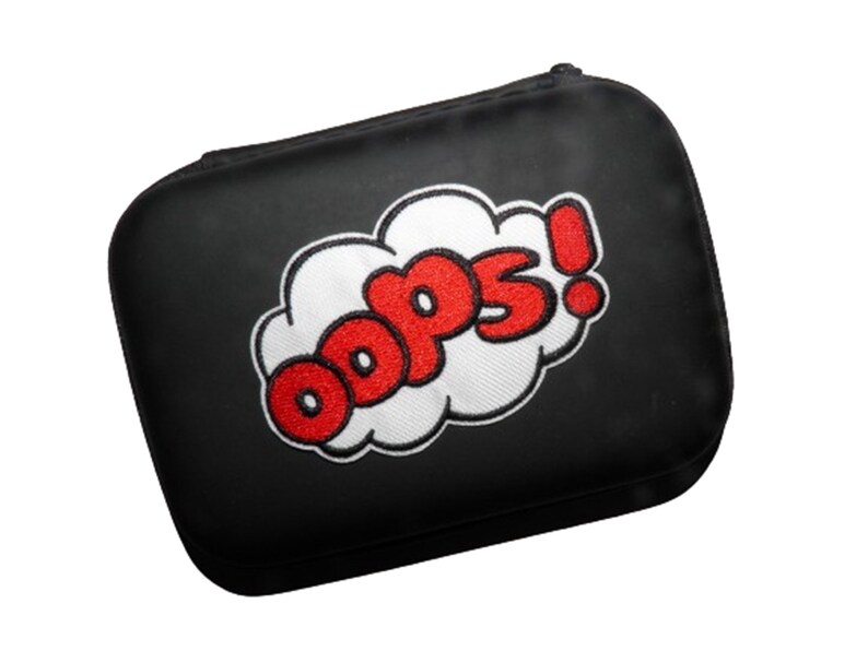 May include: Black zippered pouch with a white cloud embroidered on it. The cloud has the word "oops!" in red letters.