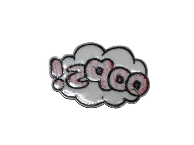 May include: White embroidered patch with a pink and red exclamation point and the word "ZOO" in a cloud shape.