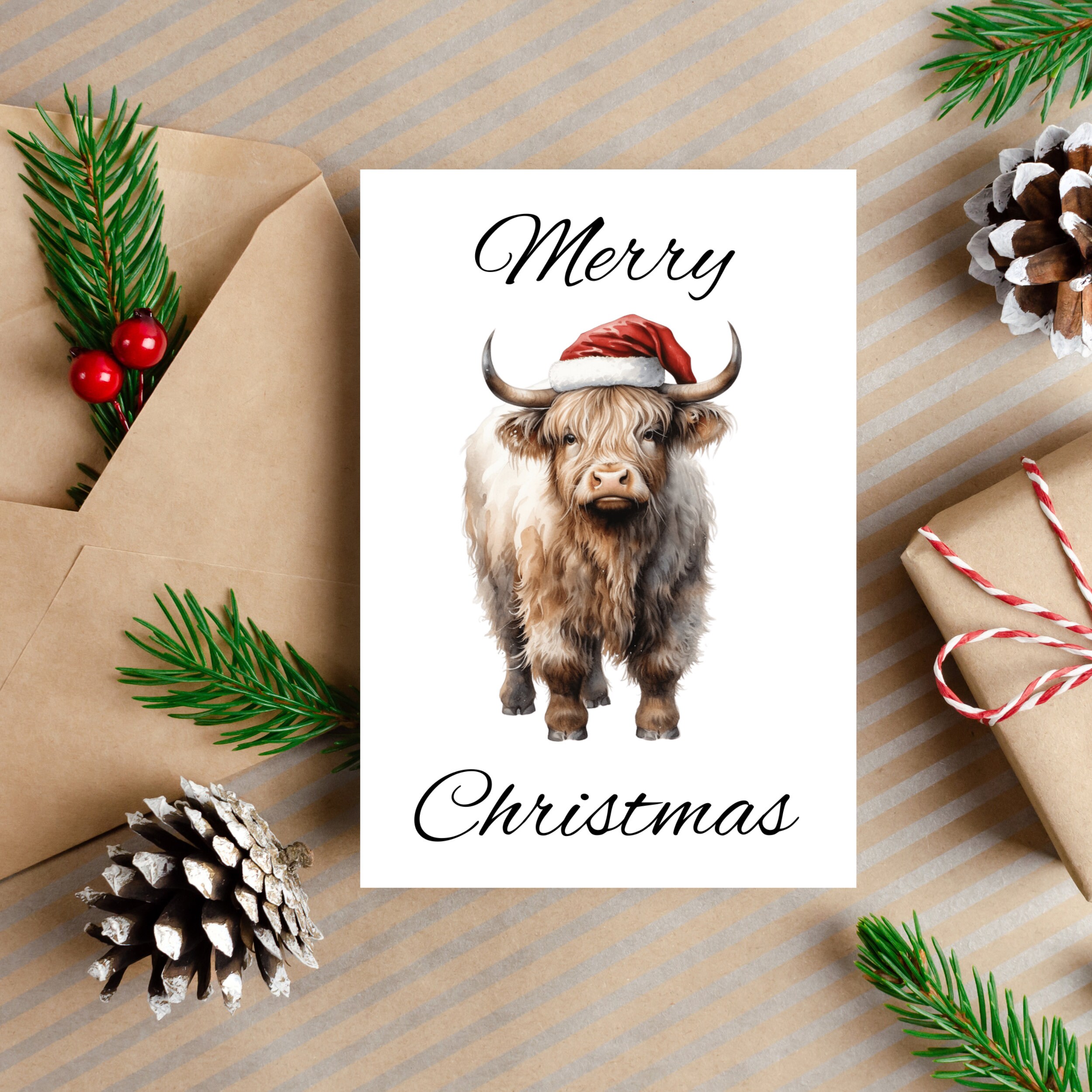 Highland Cow Christmas Card Printable Happy Holidays Merry - Etsy