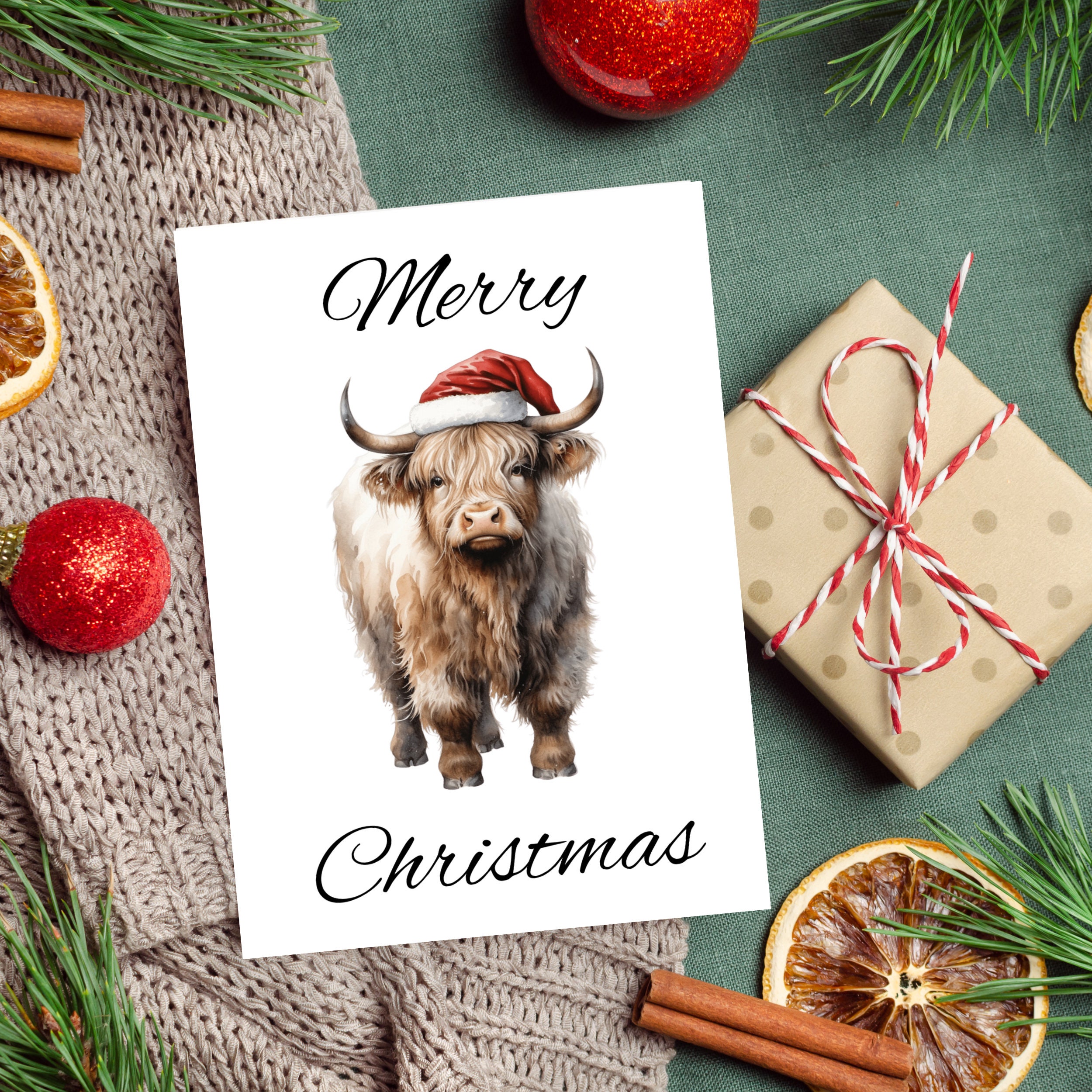 Highland Cow Christmas Card Printable Happy Holidays Merry - Etsy