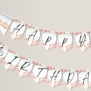 Pink Flower Bunting - INSTANT DOWNLOAD, editable, printable, template, birthday party bunting, birthday party garland, birthday party flags