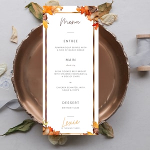 Menú Otoño/Otoño -descarga instantánea, editable, imprimible, menú de fiesta de cumpleaños, menú de eventos, decoración de fiesta de cumpleaños, evento de otoño/otoño