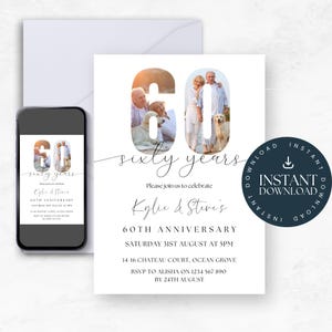 faire-part 60e anniversaire | Faire-part pour 60e anniversaire de mariage avec photo | Téléchargement instantané | Imprimable | Modifiable | Invitation minimaliste