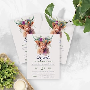 1st Birthday Highland Cow Invitation | 1st Birthday Invitation | Highland Cow Invitation | Highland Cow with Flower Crown Invitation |CCL002