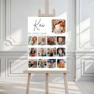 Signo de cumpleaños de hito / Tablero de hitos del primer cumpleaños del bebé / Plantilla de póster del primer año del bebé imprimible / Signo de collage de fotos del primer cumpleaños
