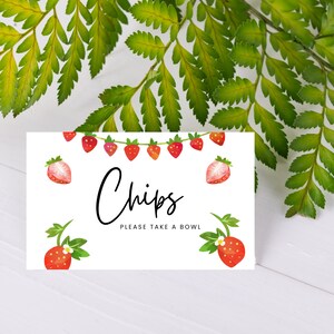 Cartes de buffet de fête aux fraises - TÉLÉCHARGEMENT INSTANTANÉ - carte de buffet modifiable, cartes de buffet imprimables, décoration de fête, décoration de fête, fraise