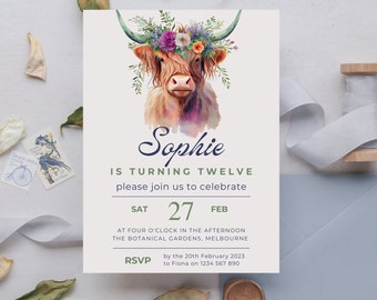 Highland Cow with Flower Crown Invitation - instant download, editable, printable, template, highland cow birthday, highland cow event, cow