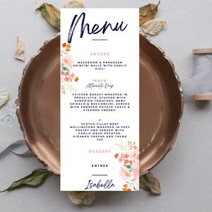 Menú Flor Rosa -descarga instantánea, editable, imprimible. plantilla, menú de fiesta de cumpleaños, menú de evento, decoración de fiesta de cumpleaños, decoración de evento, niña