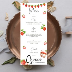 Menu festa di compleanno alla fragola: download istantaneo, modificabile, stampabile, menu festa di compleanno, menu evento fragola, arredamento festa di compleanno