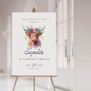 Highland Cow Birthday Party Welcome Sign editable welcome sign, printable welcome sign, instant download, highland cow flower event