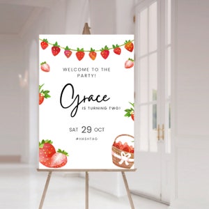 Strawberry Birthday Party Welcome Sign editable welcome sign, printable welcome sign, instant download, strawberry birthday party signs