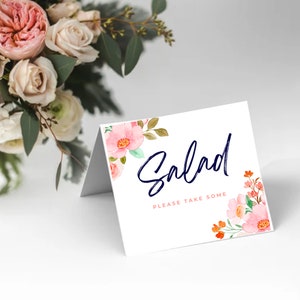 Pink Flower Food Cards -instant download, printable, editable, template, birthday party food, birthday party decorations, event food table
