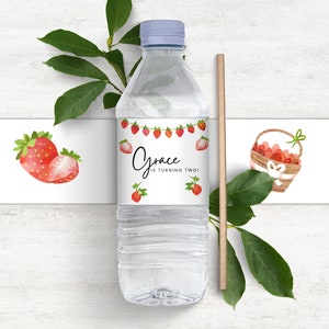 Strawberry Water Bottle Label -editable, printable, instant download, party favour, party water, birthday water, customisable water label,