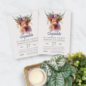30th Birthday Highland Cow Invitation | 30th Birthday Invitation | Highland Cow Invitation | Highland Cow with Flowers Invitation | CCL002