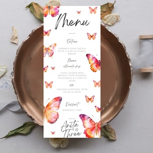 Pink Butterflies Birthday Party Menu -instant download, editable, printable, birthday party menu, butterfly event menu, birthday party decor