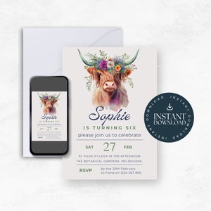 6th Birthday Highland Cow Invitation | 6th Birthday Invitation | Highland Cow Invitation | Highland Cow with Flower Crown Invitation |CCL002