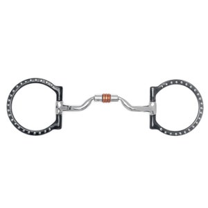 May include: A silver and black horse bit with a copper roller. The bit has a studded mouthpiece and a curved shank.
