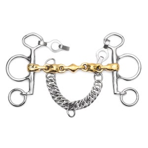 May include: A stainless steel horse bit with a gold-colored center section and a chain. The bit has a 5-inch measurement marking. The design includes rings and a connecting piece.