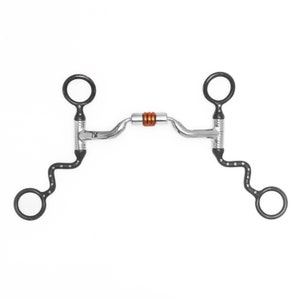 May include: A silver and black horse bit with a copper roller. The bit has a snaffle mouthpiece with a curved shank and a loose ring on each end.
