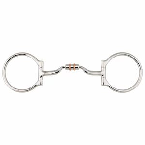 May include: A silver horse bit with a copper roller. The bit has a D-ring on each end.