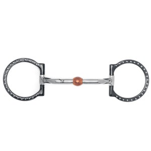 May include: A black and silver horse bit with a copper roller. The bit has a D-ring on each end with a row of studs around the outside of each ring.