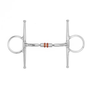 May include: A silver horse bit with two orange rubber rings in the center.