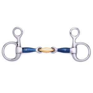 May include: A 5-inch blue and silver horse bit with a gold roller.