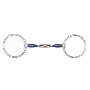 May include: A stainless steel horse bit with a blue and copper-colored center. The bit features two large, circular rings on either side of the blue center piece. The center piece has a copper-colored design in the middle. The bit is designed for equestrian use.