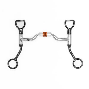 May include: A black and silver horse bit with a copper roller. The bit has a curved mouthpiece and two rings on each side.