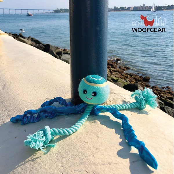 Octopus dog toy  perfect for tug o war.  Turquoise color for your dog - tennis ball rope toy to play fetch for. Perfect Christmas dog